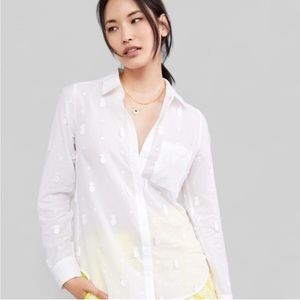Maeve Women XL White Sheer Cotton Button Up Pineapple Embroidered Shirt